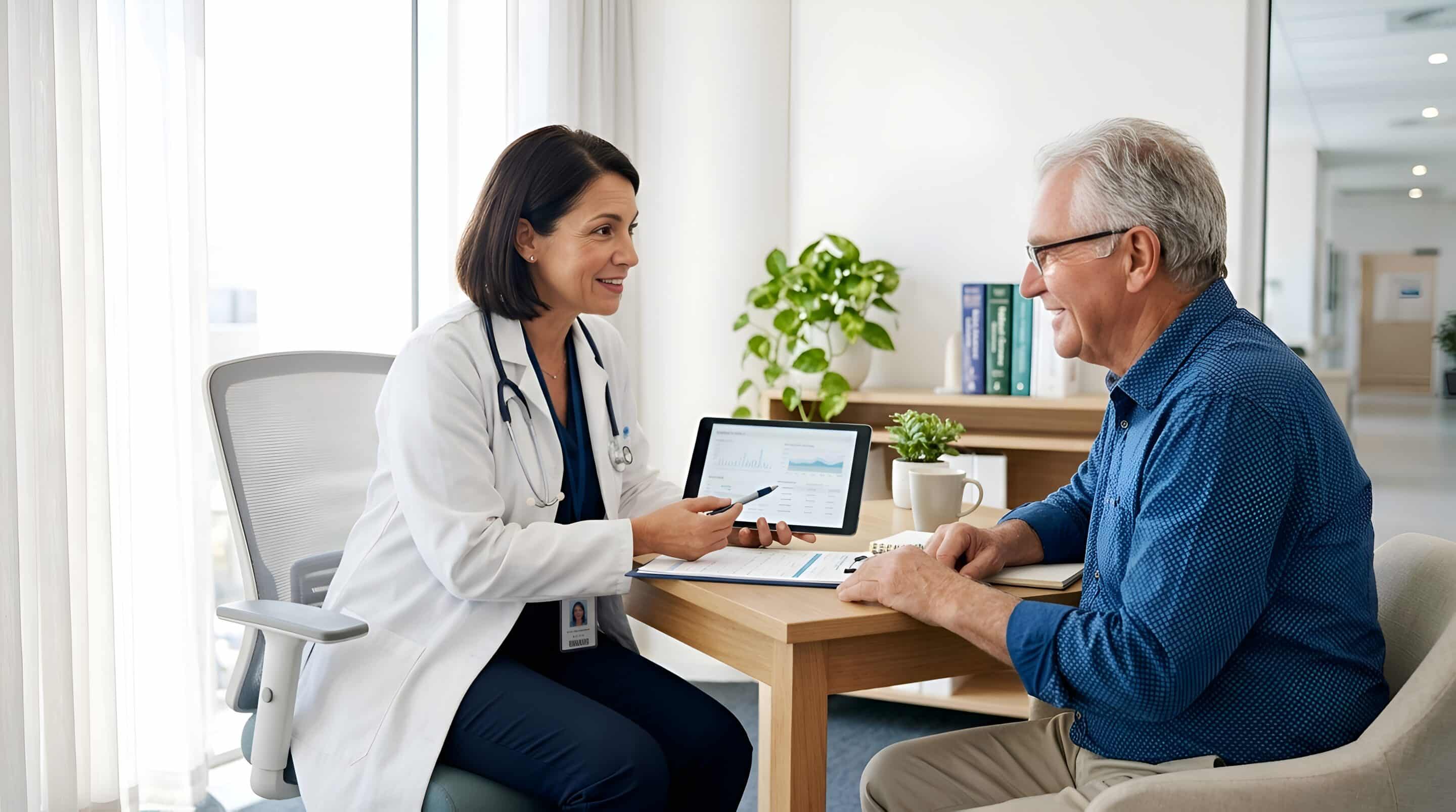Doctor explaining medical information to elderly patient